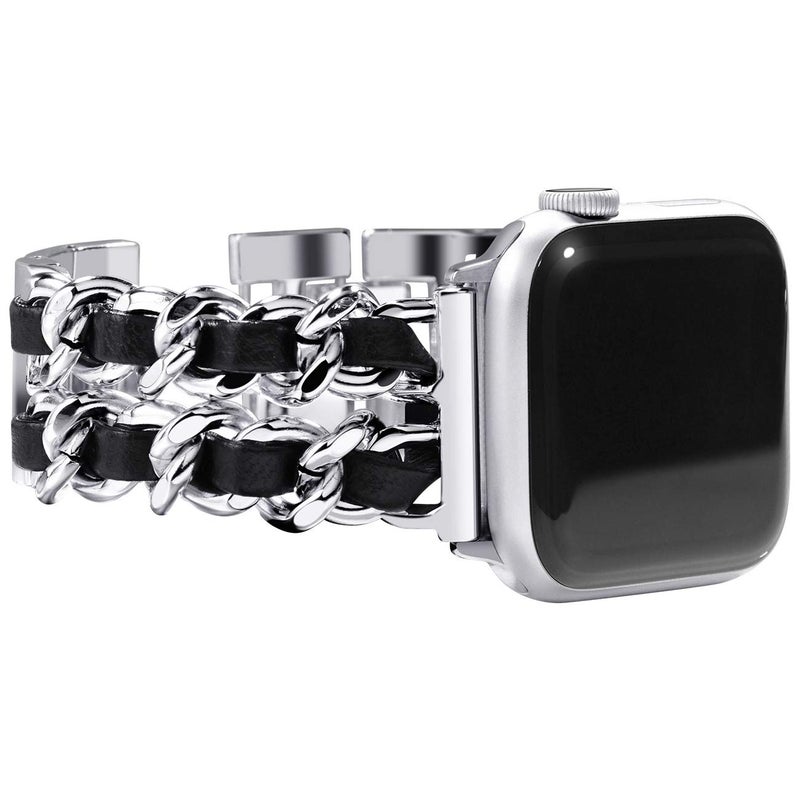 NewWays for Apple Watch Band Series 10 42mm 41mm 40mm 38mm Series9 8 7 SE 6 5 4 3, Jewelry Bracelet for iWatch Band for Women, Silver Link with Black Leather - Image 1